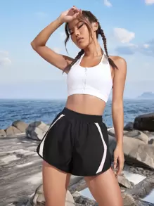 In My Nature Pantalones cortos deportivos de cintura alta con bloques de color para senderismo, prendas de mujer, shorts de sudadera - Negro - Ver 5