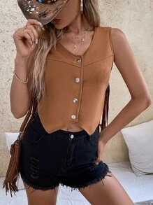 SHEIN Holidaya Áo khoác vest Viền rìa Suedette - màu nâu - Xem 6