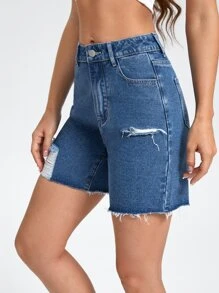 High Waist Ripped Raw Hem Denim Shorts - Medium Wash - View 1