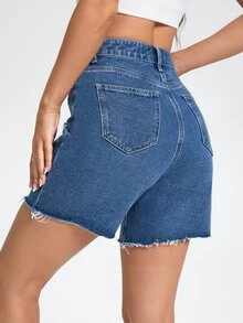 High Waist Ripped Raw Hem Denim Shorts - Medium Wash - View 2