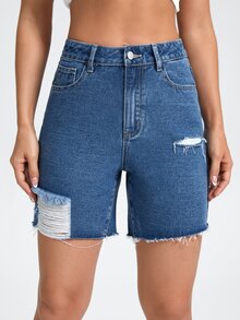 High Waist Ripped Raw Hem Denim Shorts - Medium Wash - View 4