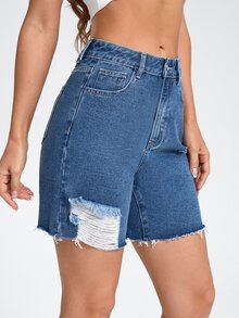 High Waist Ripped Raw Hem Denim Shorts - Medium Wash - View 5