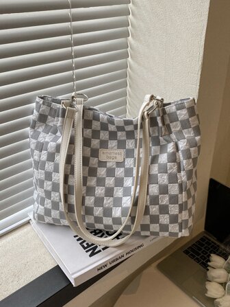 棋盤格印花字母貼飾帆布購物袋