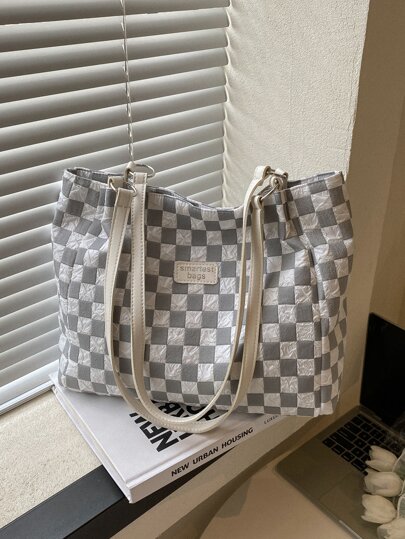 棋盤格印花字母貼飾帆布購物袋