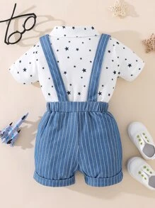 Đứa bé trai In Sao Nơ mặt trước Áo sơ mi & Sọc Tạp dề Quần short - Xanh và trắng - Xem 2
