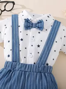 Đứa bé trai In Sao Nơ mặt trước Áo sơ mi & Sọc Tạp dề Quần short - Xanh và trắng - Xem 3