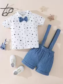 Đứa bé trai In Sao Nơ mặt trước Áo sơ mi & Sọc Tạp dề Quần short - Xanh và trắng - Xem 4