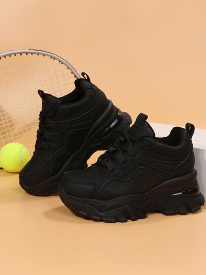 Fall/Winter Women's New Thick Sole Platform Sneakers, Lace-Up Round Toe Leather Old Chunky Sneakers, Lightweight Non-Slip Casual Shoes, Black