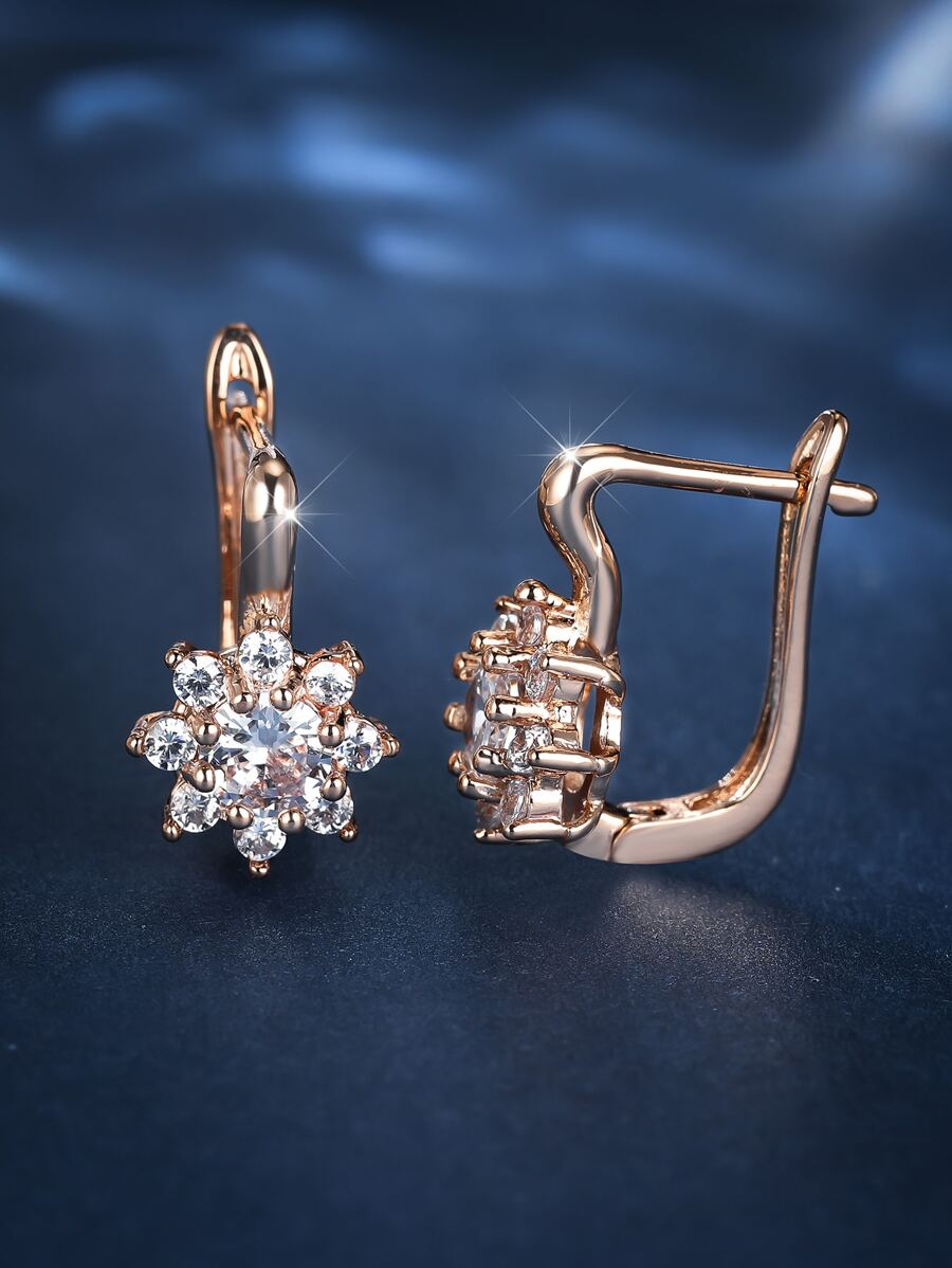 Cubic Zirconia Flower Decor Earrings - Rose Gold - View 1