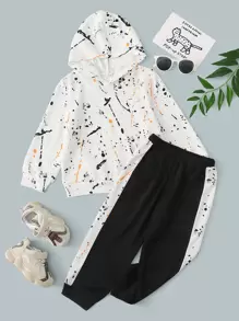SHEIN Toddler Boys Splash Ink Print Hooded Sweatshirt & Joggers - Black and White - View 1