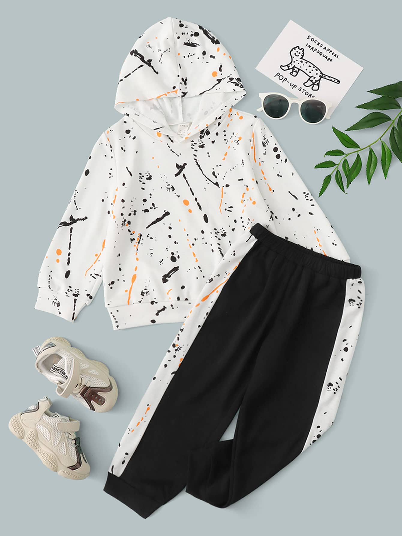 SHEIN Toddler Boys Splash Ink Print Hooded Sweatshirt & Joggers - Black and White - View 1