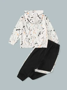 SHEIN Toddler Boys Splash Ink Print Hooded Sweatshirt & Joggers - Black and White - View 2
