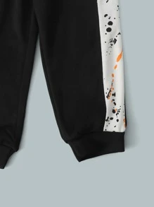SHEIN Toddler Boys Splash Ink Print Hooded Sweatshirt & Joggers - Black and White - View 3