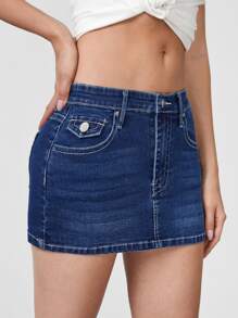 SHEIN EZwear 拉鏈門襟牛仔半身裙 - 深色水洗藍 - 查看 4