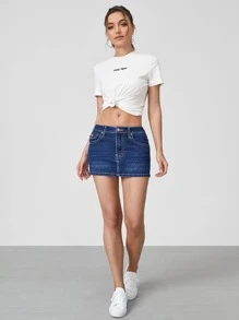 SHEIN EZwear 拉鏈門襟牛仔半身裙 - 深色水洗藍 - 查看 5