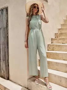 SHEIN Unity Solid Tie Side Wide Leg Jumpsuit - Mint Green - View 3