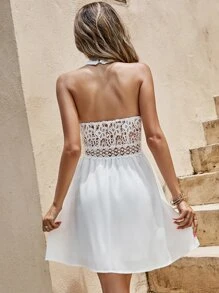 SHEIN Unity Guipure Lace Insert Halter Dress - White - View 2