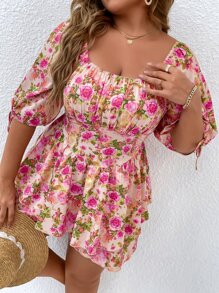 SHEIN Holidaya Plus Floral Print Knot Bishop Sleeve Ruched Bust Shirred Back Romper - Multicolor - View 1