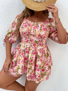SHEIN Holidaya Plus Floral Print Knot Bishop Sleeve Ruched Bust Shirred Back Romper - Multicolor - View 3