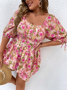 SHEIN Holidaya Plus Floral Print Knot Bishop Sleeve Ruched Bust Shirred Back Romper - Multicolor - View 4
