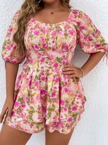 SHEIN Holidaya Plus Floral Print Knot Bishop Sleeve Ruched Bust Shirred Back Romper - Multicolor - View 5