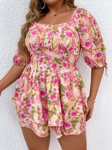 SHEIN Holidaya Plus Floral Print Knot Bishop Sleeve Ruched Bust Shirred Back Romper - Multicolor - View 6