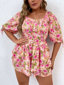 SHEIN Holidaya Plus Floral Print Knot Bishop Sleeve Ruched Bust Shirred Back Romper - Multicolor - View 7