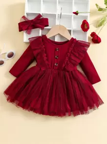 SHEIN Đứa bé gái Lưới tương phản Viền Ruffle Đầm - Màu Đỏ Sâu - Xem 1