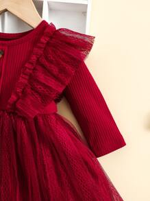 SHEIN Đứa bé gái Lưới tương phản Viền Ruffle Đầm - Màu Đỏ Sâu - Xem 4