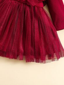 SHEIN Đứa bé gái Lưới tương phản Viền Ruffle Đầm - Màu Đỏ Sâu - Xem 5