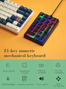 Mechanical Numeric Keypad Hot-Swap yellow Switch Wired Gaming Keypad RGB Backlit pudding Keycap 21 Keys Mini Numpad Portable Keypad Extended Layout - Black - View 1