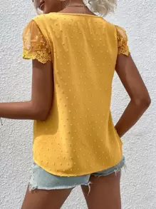 Breezaya Swiss Dot Guipure Lace Detail Contrast Embroidered Mesh Blouse - Yellow - View 2