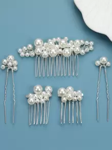 5入組人造珍珠裝飾婚禮髮夾 - 白色 - 查看 1