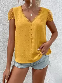 Breezaya Swiss Dot Guipure Lace Detail Contrast Embroidered Mesh Blouse - Yellow - View 4