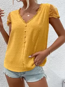 Breezaya Swiss Dot Guipure Lace Detail Contrast Embroidered Mesh Blouse - Yellow - View 5