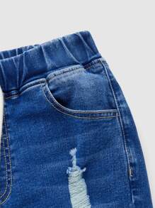 SHEIN Essnce Cut Out Drawstring Waist Ripped Raw Hem Skinny Jeans - Medium Wash - View 9