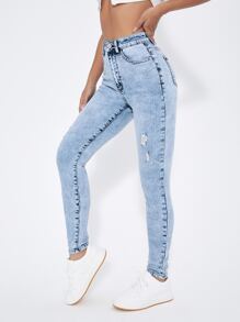 High Waist Ripped Frayed Skinny Jeans - Light Wash - View 2