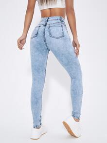 High Waist Ripped Frayed Skinny Jeans - Light Wash - View 3