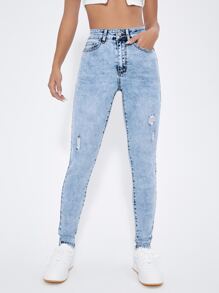 High Waist Ripped Frayed Skinny Jeans - Light Wash - View 1