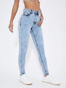 High Waist Ripped Frayed Skinny Jeans - Light Wash - View 4