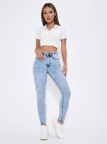 High Waist Ripped Frayed Skinny Jeans - Light Wash - View 5