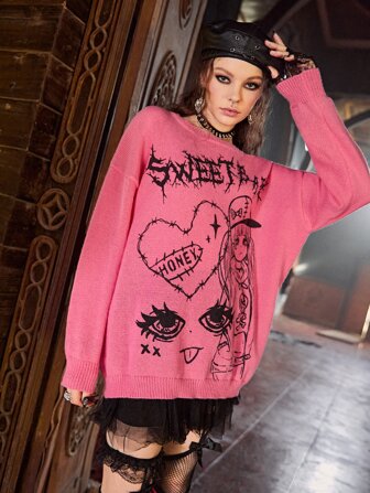 Goth Letter Cartoon Figure Pattern Drop Shoulder Sweater