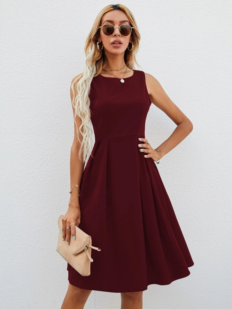 SHEIN Clasi Vestido línea A unicolor sin manga - Burdeos - Ver 1