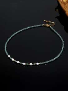 Faux Pearl Decor Beaded Necklace - Baby Blue - View 1