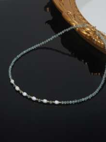 Faux Pearl Decor Beaded Necklace - Baby Blue - View 3