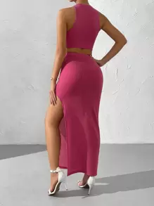 SHEIN Privé Bộ đồ hai mảnh nữ Gân đan Tách cao màu trơn Giải trí - Màu Hoa hồng đỏ - Xem 2