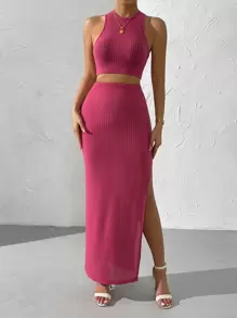 SHEIN Privé Bộ đồ hai mảnh nữ Gân đan Tách cao màu trơn Giải trí - Màu Hoa hồng đỏ - Xem 4