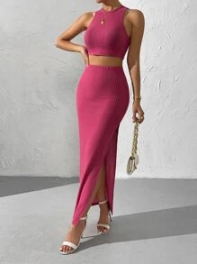 SHEIN Privé Bộ đồ hai mảnh nữ Gân đan Tách cao màu trơn Giải trí - Màu Hoa hồng đỏ - Xem 5