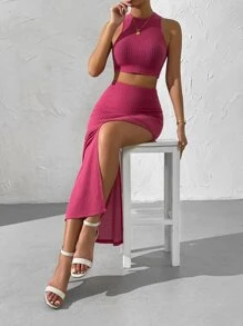 SHEIN Privé Bộ đồ hai mảnh nữ Gân đan Tách cao màu trơn Giải trí - Màu Hoa hồng đỏ - Xem 1