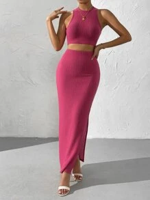 SHEIN Privé Bộ đồ hai mảnh nữ Gân đan Tách cao màu trơn Giải trí - Màu Hoa hồng đỏ - Xem 6